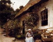 克洛德 约瑟夫 贝勒 : Woman Sewing In Front Of Her Cottage